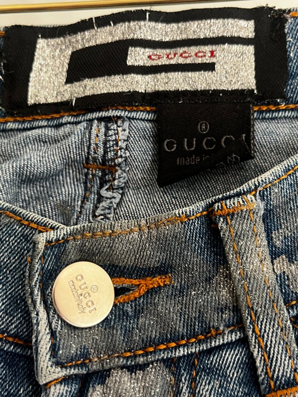 vintage gucci bootcut low waisted jeans with silver metallic paint size xs - Picture 2 of 6